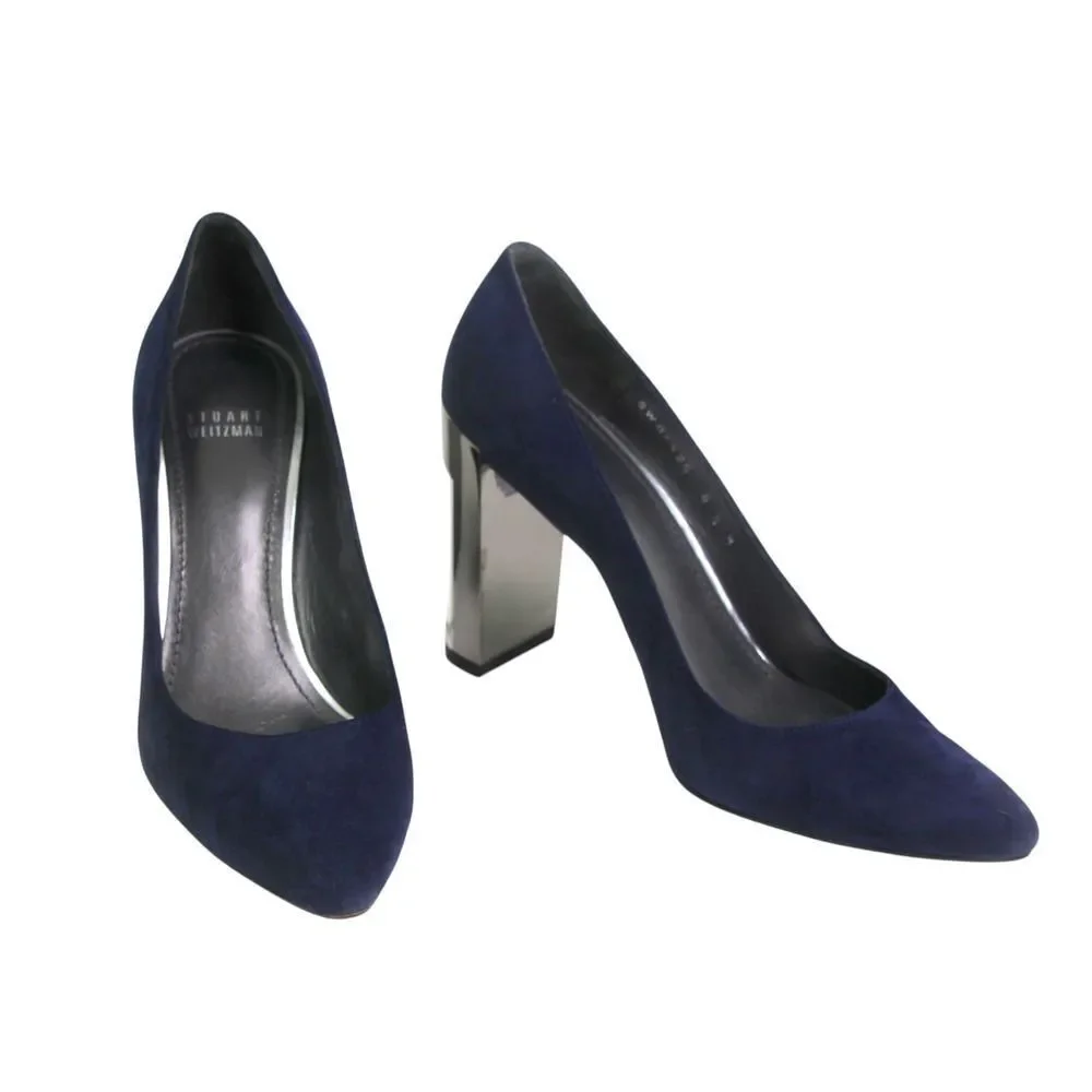 Stuart Weitzman BLUE REAL LEATHER SUEDE POINTED HIGH HEEL CLASSIC PUMP SHOES 8.5